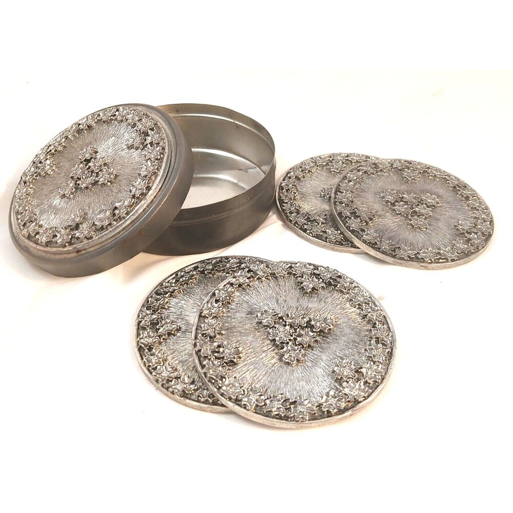 Vintage Metzke 4 Pewter Metal Round Coasters Flower design with tin box 1984